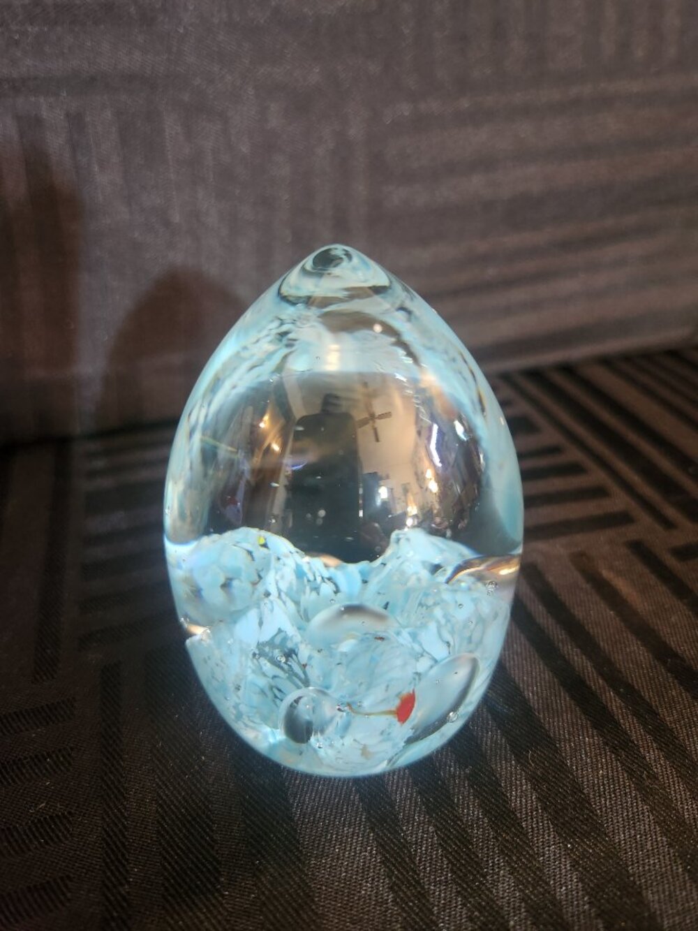 Art Glass Paperweight Blue Swirl Bubble Egg Murano Style Hand Blown